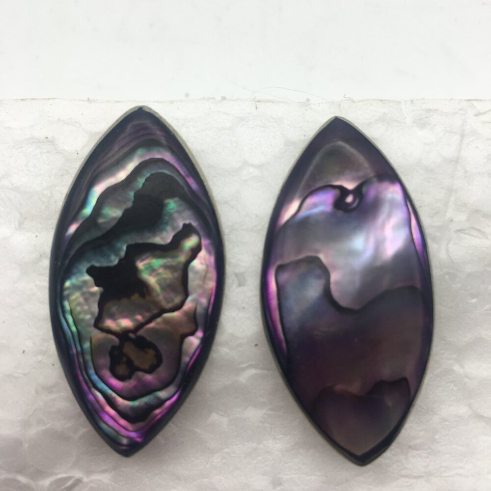 Vintage Alpaca Silver Genuine Purple Abalone Leaf Shape Stud Earrings Mexico 1"